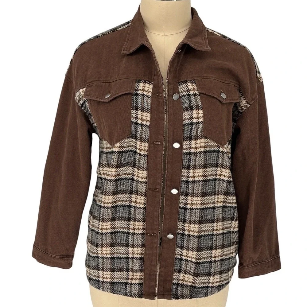 Unbranded Jacket Brown Plaid Paneled‎ Button Up 100% Cotton XL